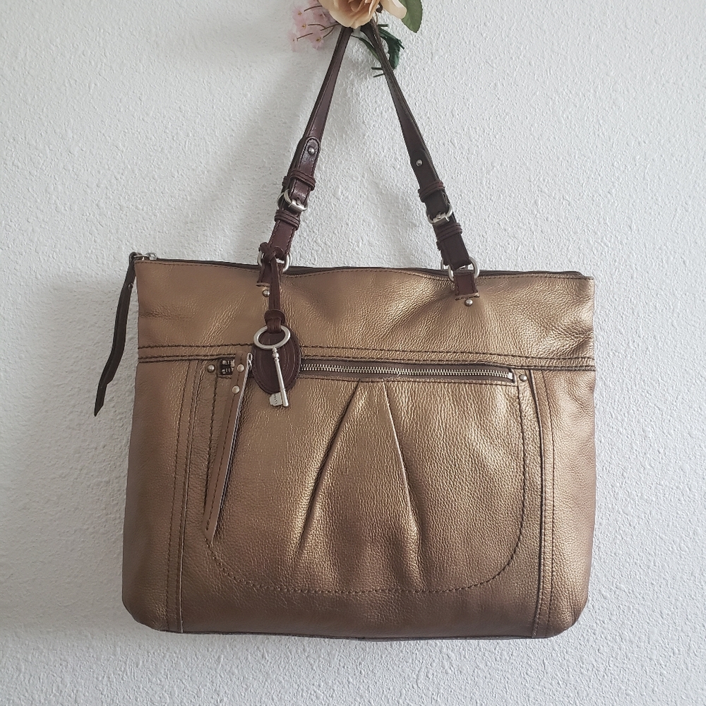Fossil Long Live Vintage XL Metallic Bronze Leather Tote Work Bag Purse